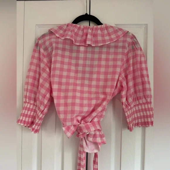 NWT J.Crew Pink Gingham Ruffle Wrap Short Sleeve Top Blouse Size L - Picture 4 of 11